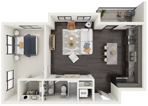 the 1190 sqft studio floor plan with bedroom and bathroom